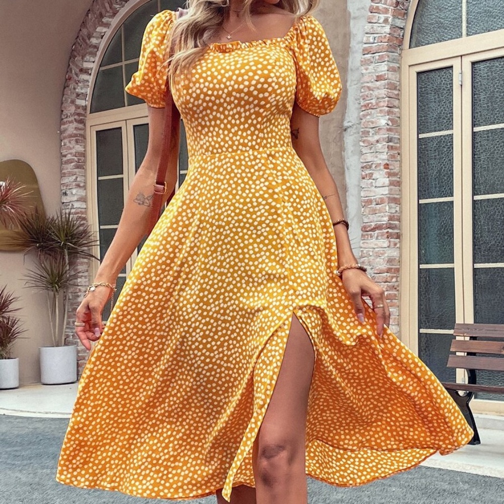 Red Boho Floral Print Puff Sleeve Slit Midi Dress - Picture 8 of 16